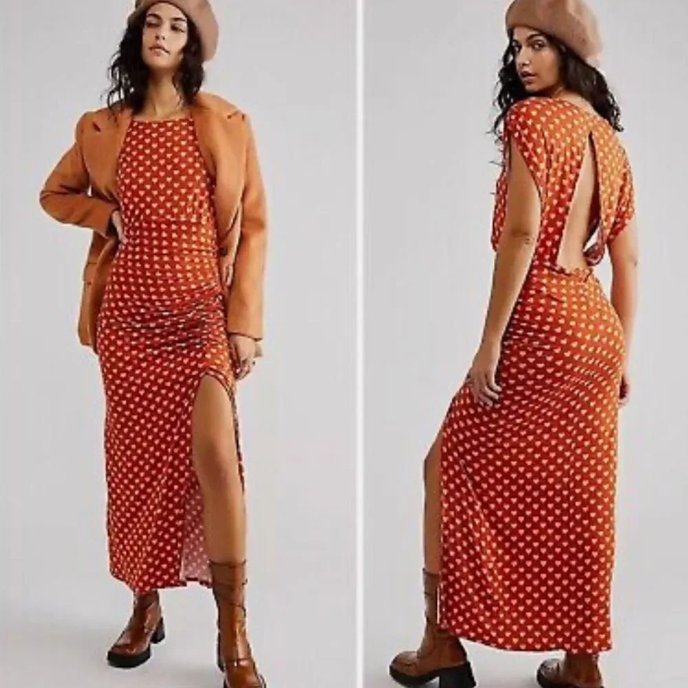 Free People Lakeside Heart Printed Midi Dress Orange Ginger Combo Sz M NWT